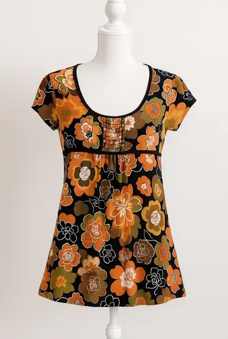 Y2K Only 9 Womens Babydoll Top Size M Petite Black Orange Floral Retro Indie
