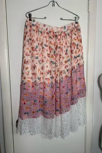 LAIA by Anthropologie, floral, pleated, tiered asymmetrical midi skirt size L Pink Size L