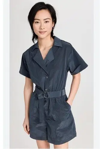 Varley Belle Boxy Short Sleeve Romper Playsuit Slate Blue Shimmer Shell