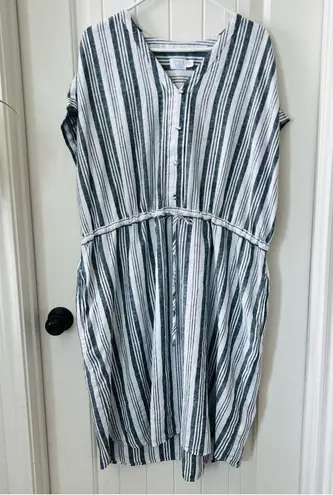 Time And Tru Linen Rayon XXXL 3XL Blue White Striped Sun Dress Pockets Tie Waist