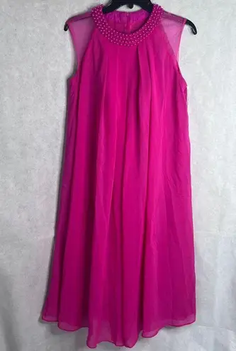 LT Lan Ting NWT Hot Pink Pearl Collar Aline Chiffon Overlay Midi Dress Sz SM