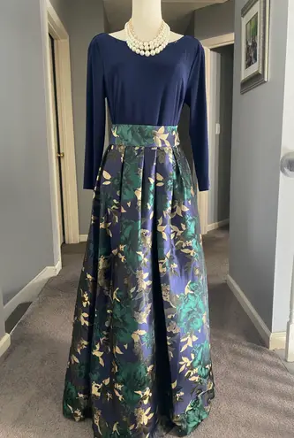 Jessica Howard Blue Green And Metallic Gold Pleated Formal Evening Gown Maxi Dress