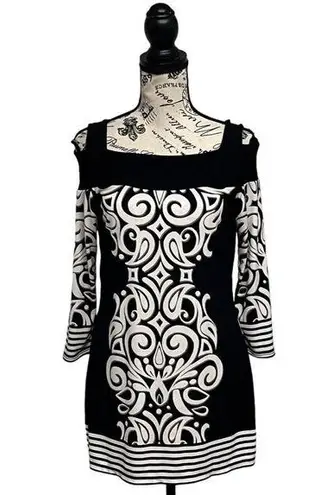 Cache Womens Black White Geometrical Cold Shoulder Mini Jersey Knit Dress M