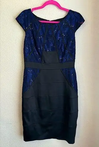 JAX Navy Black Sequin Lace Structured Cap Sleeve Knee Length Cocktail Dress 10 Blue