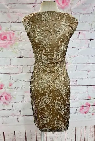 Sue Wong Women's Laced Cap Sleeve Sheath Cocktail Party Dress Gold Size 4