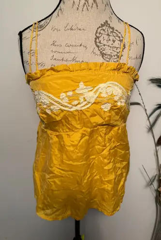 One Season Silk Embroidered Cami Top Ruffle Straps Yellow Size M Size M