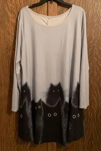 2X Black cat print long sleeve dress with pockets NWOT