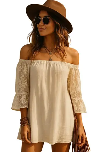 Cal Style Tunic Dress Off the Shoulder 3/4 Lace Sleeve Beige Boho Chic Festival Tan Size L