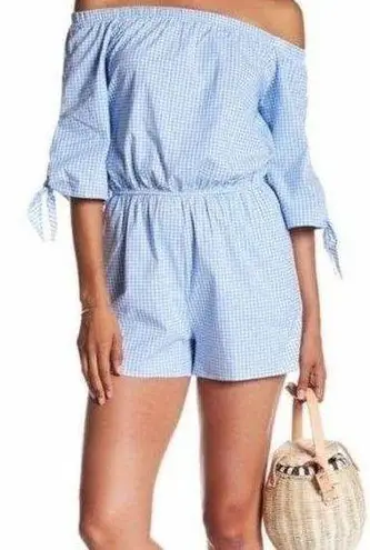 Love...Ady Romper M Gingham Off Shoulder Blue