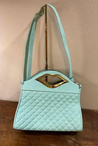 Light Blue Quilted Shoulder Bag with Gold Lip Handle Medium Size