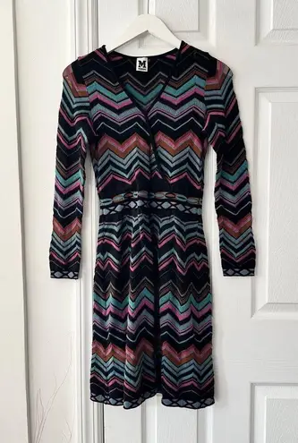 Missoni Vintage Chevron Long Sleeve V Neck Mini Wool Dress Stretch No Size Small