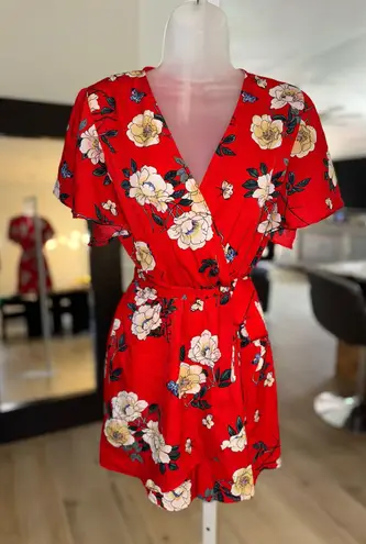 Red Floral Faux Wrap Skort Romper. Size Small