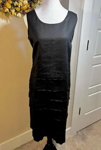 LINO USA 100% Linen Tiered Scalloped Ruffle Sleeveless Shift Midi Dress Sz L Black Size L
