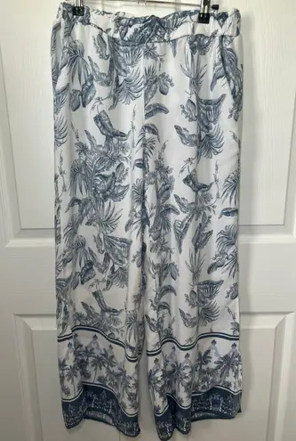 Tribal Wide Leg Pants Tropical Print Linen Rayon Blend Elastic Waist Size M White Size M