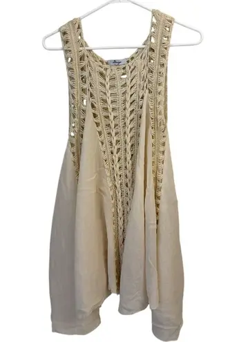 Dasayo Crochet Gauze Sleeveless Beach Cover Up Tunic Top Scoop Neck Beige OS Size L