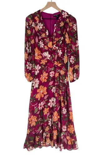 Maggy London Desert Bloom Floral Long Sleeve A-line Dress In Wine Ruffle Trim 2