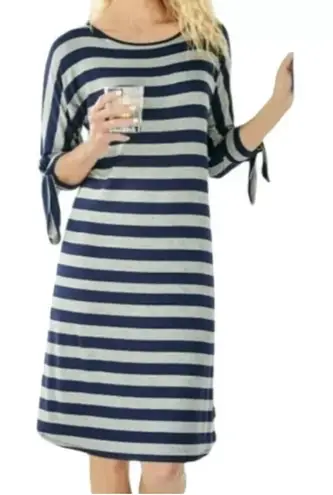 Soft Surroundings Adrift Tie Sleeve Dress in Navy Grey Stripe Size Petite Large