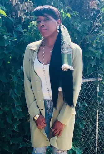 Due Per Due Olive green 100% silk button up long blazer jacket Size 10