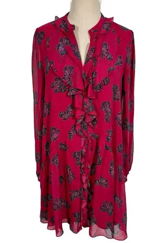 Saloni Tilly Ruffle Bib 100% Silk Long Sleeve Dress in Cherry Bows Red