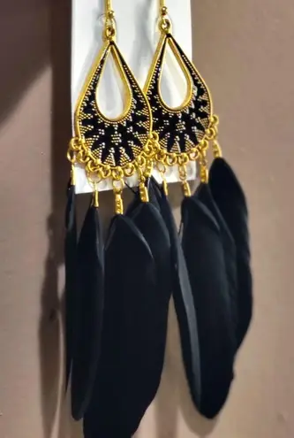 Elegant Black and Gold Feather Earrings