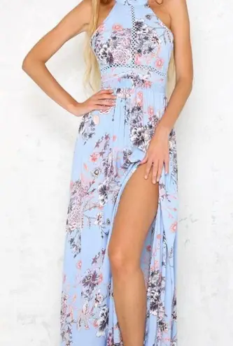 Light Blue Floral High Neck Open Back Maxi Dress