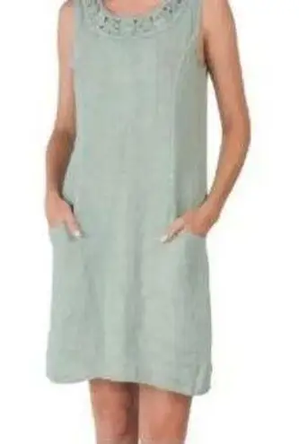 Lungo L'Arno Linen Sleeveless Shift Dress-Small-Lattice Yoke-Pockets-Sage Green