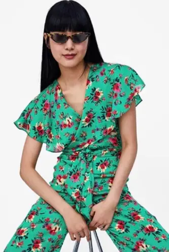 Green floral jumpsuit zara sale