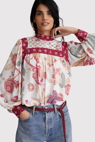 Anthropologie Let Me Be Womens Top Red Quilted Floral Blouse Cottagecore Boho XS