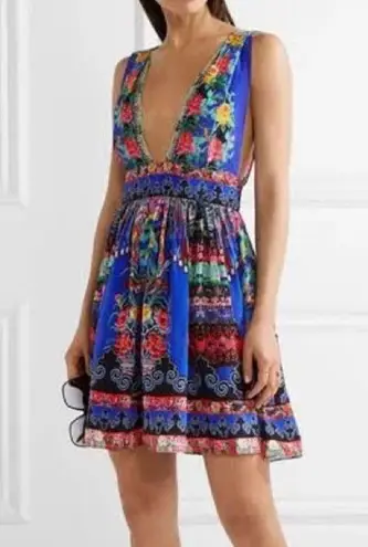 Camilla Blue floral Pretty Procession V neck silk mini dress L