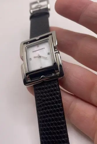 Working Women’s BCBG MAXAZRIA Black Leather Band Crystal Silver Tone Bezel Watch