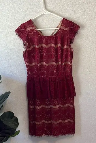 Maeve Burgundy Lace peplum Dress with nude liner Small