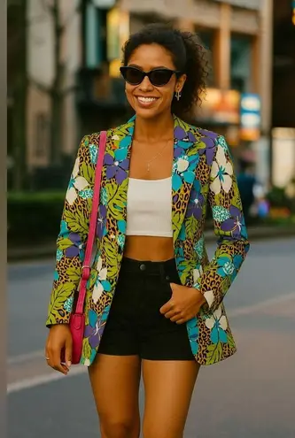 Vintage Floral Leopard Print Blazer Size Large Statement Jacket Green