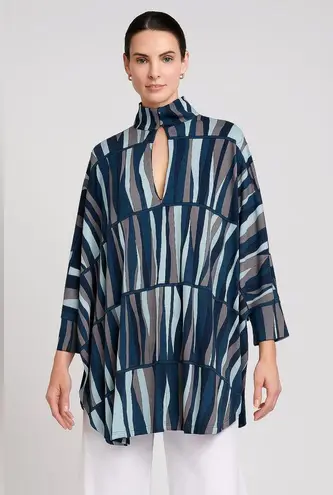 Mara Hoffman Silk Tunic Blouse Small Y2K Blue Striped 3/4 Sleeve Keyhole Boho