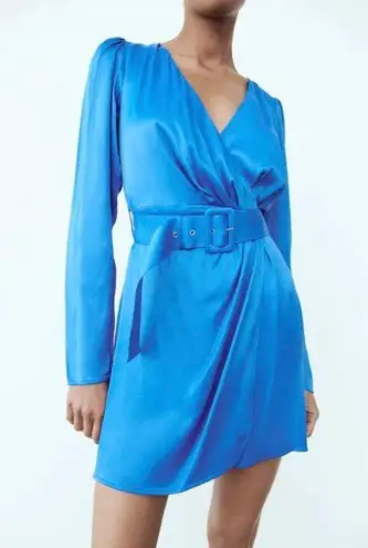 ZARA New with tags Blue  Satin Effects Belted dress.