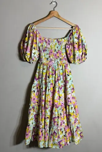 Pinch Puff Sleeve Floral Tiered Midi Dress Womens Small Smocked Boho Cottagecore Pink