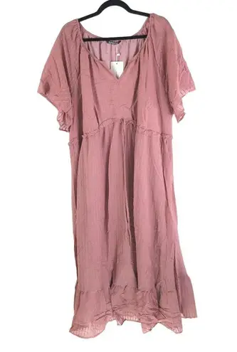 Bloomchic Solid Striped Notched Ties Up Pocket Flutter Maxi Dress Pink 18