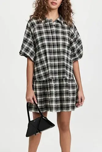 Jonathan Simkhai Crissy Black Plaid Checkered Short Puff Sleeve Mini Shirt Dress