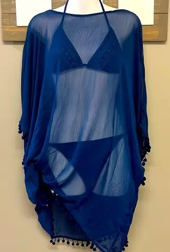 Pink Envelope Sheer Blue Coverup with Pom-Poms- Medium
