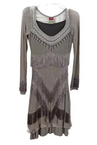Save The Queen Long Sleeve Metallic Stripe Fringe Dress Greige Women's Small