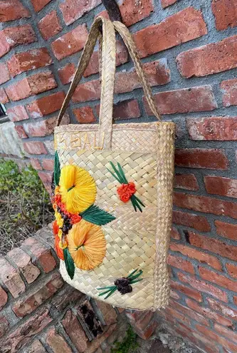 vintage raffia straw shoulder bag purse floral bucket bag yellow orange green