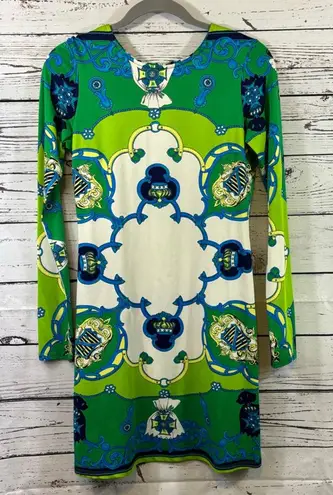 Women's by Julie Brown Long Sleeve Dress S Green Blue Patterned