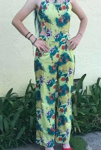TROPICAL print jumpsuit cut out sides ties in back sexy slinky NEW size S Yellow