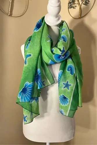Bright Green Blue Seashell Ocean Semi Sheer Scarf