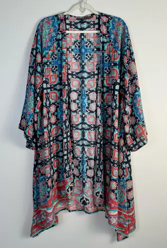 Tolani Collection Kimono Longline Cardigan 1X Blue Red Multicolor Abstract Print