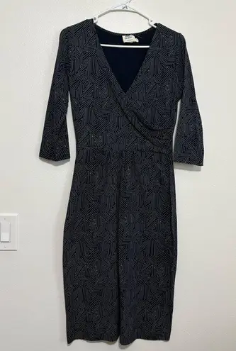 Mata Traders Organic Cotton 3/4 Sleeve Dress Size Small, Navy and Gray Print Blue