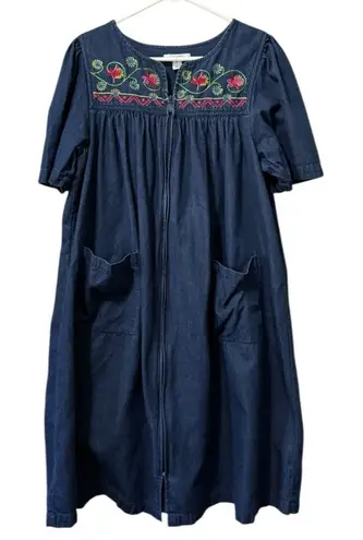 Go Softly Patio Denim Mumu Dress Zip Front Fruit Embroidered Pockets Size Medium Blue