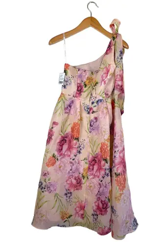 Alfred Sung Women's Scarf-Tie One-Shoulder Floral Organdy Midi Dress Size 8