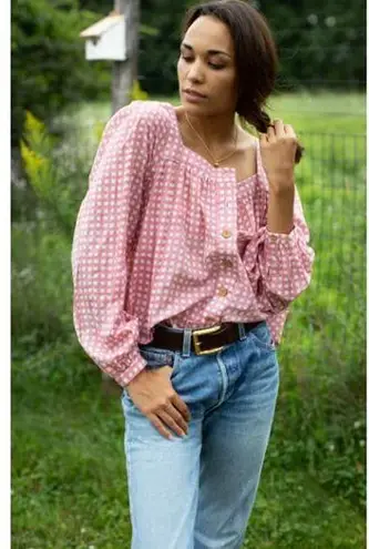 Emerson Fry Laurent Women's Blouse Pink Gingham Organic Cotton Peasant Top Small