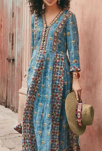 Soft Surroundings San Remo Embroidered Maxi Dress in Vintage Blue Size 10