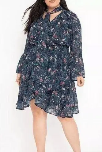 Eloquii Tie Neck Flare Sleeve Dress Blue Floral NWT size 24